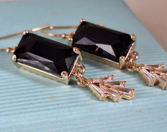 Art Deco Black Drop & Crystal Earrings: 1920s Jewelry
