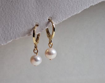Pearl Drop Huggie Hoop Earrings: Art Deco Bridal Jewelry