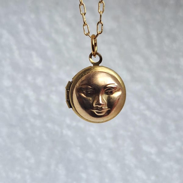 Tiny Brass Moon Face Locket Necklace: Vintage Style Jewelry