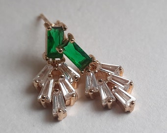 Emerald Green Art Deco Earrings. Art Deco Diamond Drop Earrings. Emerald Fan Earrings.Geometric Earrings. Art Deco Earrings. Christmas Gift