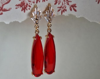 Long Red Teardrop Earrings: Art Deco Jewelry