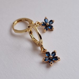 Dark Blue Flower Hoop Earrings. Huggie Hoop Earrings. Flower Hoop Earrings. Floral Hoops. Dangly Earrings. Dainty Flower Earrings. Gift Idea