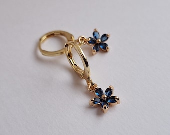 Dark Blue Flower Huggie Hoop Earrings