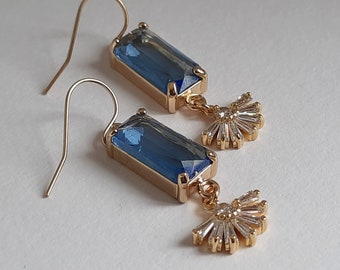 Blue Art Deco Fan Earrings. Blue Fan Earrings. Zirconia Diamond Earrings. September Gift. Wedding Earrings. Geo Earrings. Earrings For Women