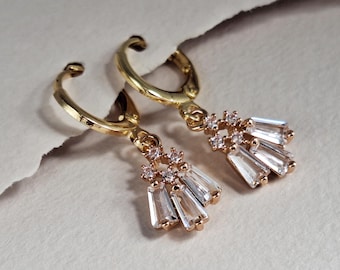 Gold Art Deco Huggie Hoop Earrings: Cubic Zirconia 1920s Bridal Jewelry