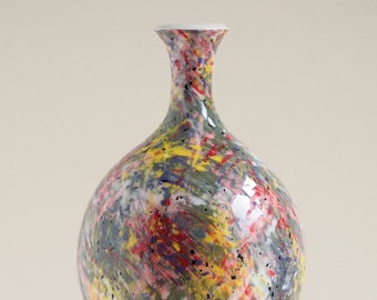 Russell Akerman Ceramic Art hand thrown studio pottery vase. Painted by Russell in an abstract multicolour slipware design.