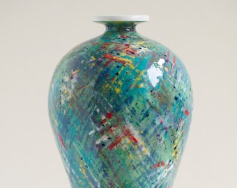 Russell Akerman Ceramic Art hand thrown studio pottery Vase. Painted by Russell in an abstract multicolour slipware design.