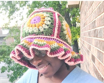 Sunny Granny Square Bucket Hat / Crochet Sun Hat Pattern/ Crochet Bucket Hat Pattern/ Crochet Pattern/ PDF FILE/Instant Download/lfc_crochet