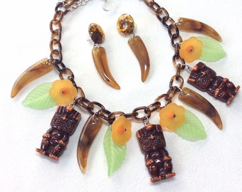 Tiki Necklace or Set with Orange Tikis, Flowers, and Talons. 40s, 50s, 60s Pinup, VLV, Tiki, Polynesian, Aloha Lucite Style