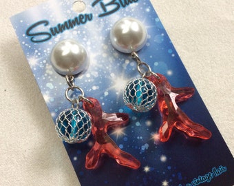 Pearl, Red Coral, and Nautical Float Dangle Earrings. Posts, Plugs Or Clips. Pinup, VLV, Tiki Oasis, 50s, 60s, Mermaid