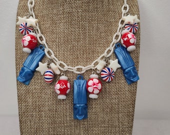 Star Spangled Tiki Necklace with Vintage Tikis, Stars, and Fireworks in Red, White, and Blue. Luau Retro Pinup Bakelite Lucite MCM Kitschy