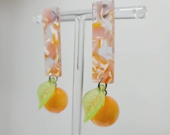 MCM Peach or Orange Earrings - Celluloid, Lucite Style Earrings with Moonglow Fruit & Leaves! Pinup, VLV