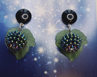 Wild Blackberry Earrings With Berries and Leaves on Dome Tops - Vintage Pinup Bakelite Lucite Celluloid Style