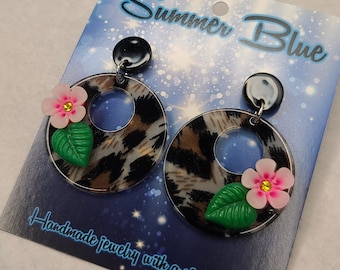 Leopard Print Hoop Earrings with Barbie Bright Pink Hibiscus Flowers and Yellow Crystals Centers. Tiki, Tropical, MCM, Pinup, Trader Sams