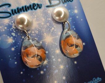 Koi Gold Fish and Pearl Earrings. Lucite, Tropical, Hawaiian, Pinup, Moana, Polynesian, Beach, Nautical, Siren, Ariel, Mermaid