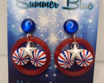 Star Spangled Hoop Earrings with Vintage Fireworks Charms and Pearl Stars. Red, White, and Blue, 70s, 60s Retro Pinup MCM USA Patriotic