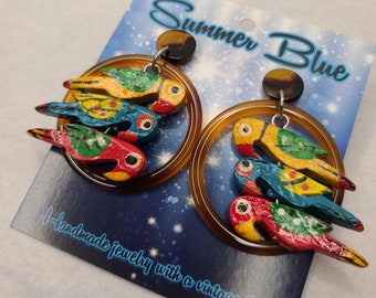 Parrot Hoop Earrings - The Three Amigos in Yellow, Blue, & Red. Tropical Tiki Lucite Hoop Earrings With Wooden Parrots. Pinup, Tiki, MCM