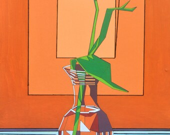 FLOR EN JARRÓN bodegón pintura acrílica sobre tabla dura de madera