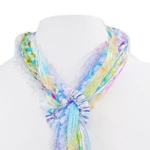 Women&#39;s Fringe Scarf, Fiber Art Scarf, Boho Scarf, Gift for Her in Rainbow Colors of Aqua, Pink, Lavender