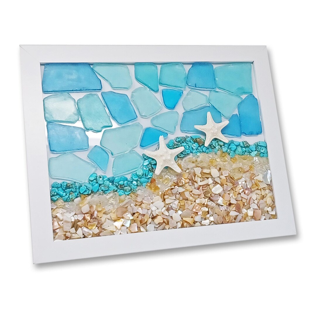 Sea Glass Art, Two Starfish on a Beach, Tropical Decor 11w” X 9h" - Etsy