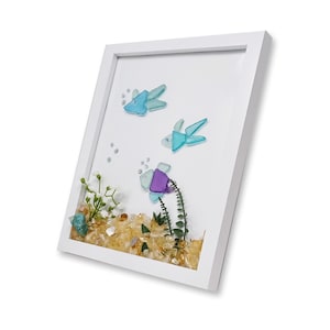 Handmade Sea Glass Art with Swimming Fish, a Gift for Her, Tropical Decor 11” x 9&quot;