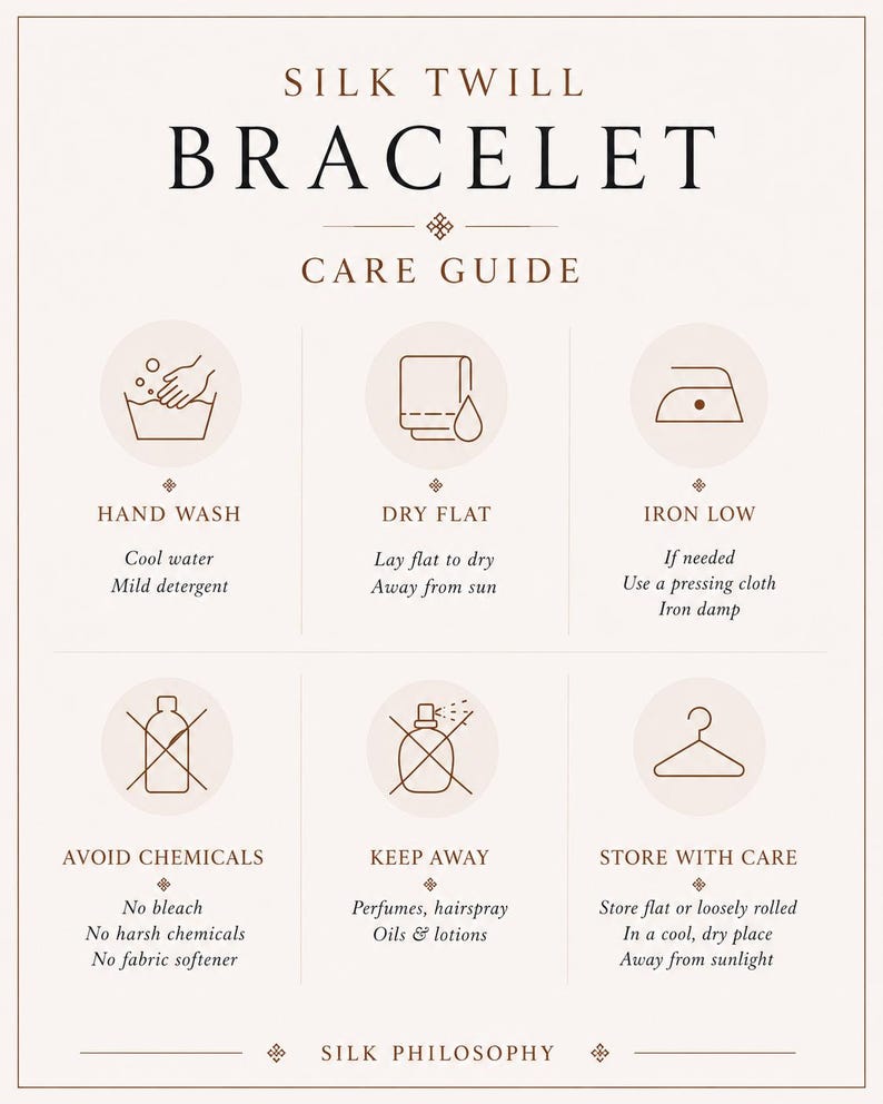 May include: A Silk Twill Bracelet Care Guide infographic with brown text and icons on a light background. It features instructions for hand washing, drying flat, low ironing, avoiding chemicals, keeping away from perfumes, and storing with care.
