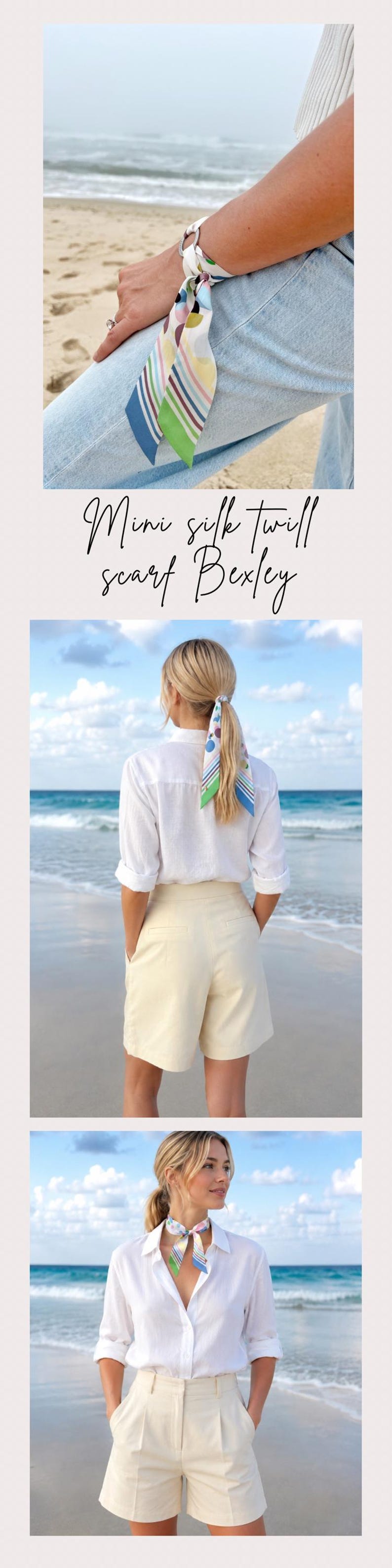 May include: A mini silk twill scarf featuring a multicolored pattern of circles and stripes in shades of blue, green, pink, and yellow. The scarf is shown tied around a wrist, styled as a hair tie on a ponytail, and worn as a neckerchief.