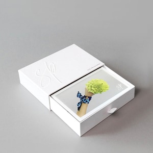 May include: White box with a drawer that slides out. The box has the word "She" embossed on the top and the words "Silk Philosophy" printed on the side. The drawer has a white background and a photo of a hand holding a green flower with a blue and white patterned ribbon tied around the wrist.