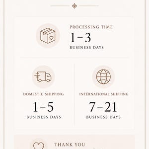 May include: A beige informational graphic with dark brown text and icons. It displays processing times of 1-3 business days, domestic shipping of 1-5 business days, and international shipping of 7-21 business days. It includes the text Silk Philosophy.