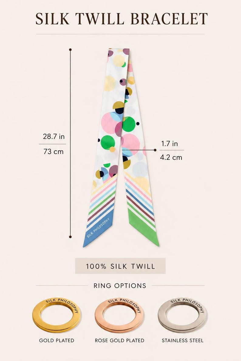 May include: A silk twill bracelet with a multicolored circular pattern, measuring 28.7 inches long and 1.7 inches wide. It includes three ring options labeled Silk Philosophy: gold plated, rose gold plated, and stainless steel.