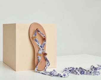 Ankle wrap sandals – blue paisley print