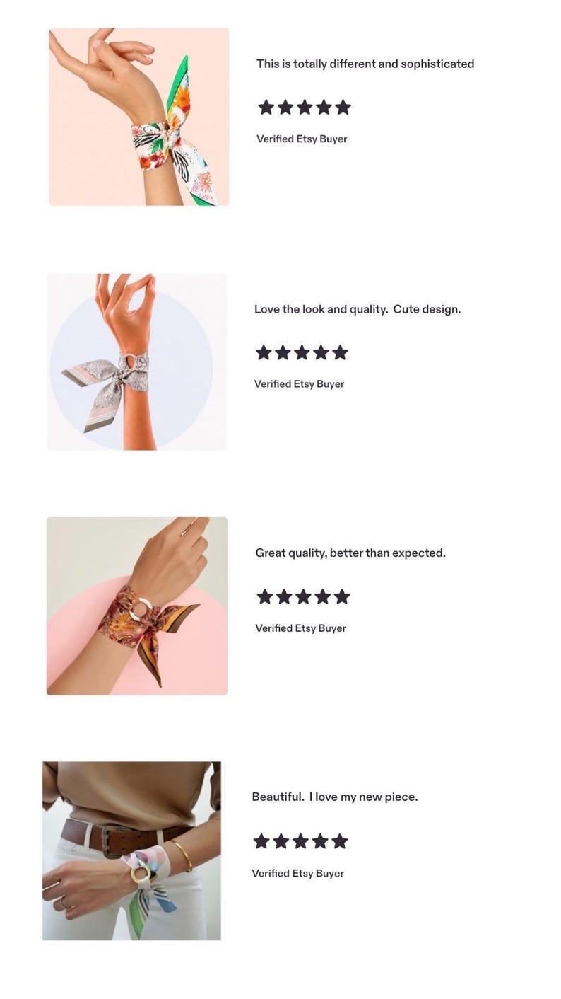 May include: A collection of four square silk scarves tied around wrists, featuring various patterns including floral, paisley, and abstract designs in vibrant colors like orange, green, pink, and white, each paired with a circular metal ring accessory.