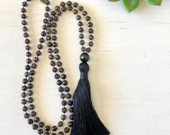 Connected Mala ~ 108 Bead Mala Necklace; Smokey Quartz Gemstones & Black Silk Tassel. I Am Grounded.