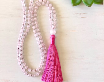 With Passion Mala ~ 108 Bead Mala Necklace; Rose Quartz Gemstones & Vibrant Pink Silk Tassel. Follow Your Heart.