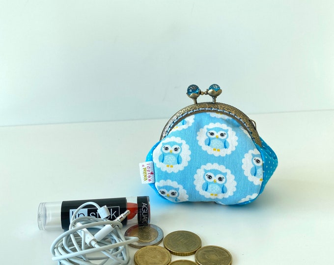 Blue Owls Coin purse; Small round change pouch; kisslock money purse; women/'s gift; valentine\u2019s gift;