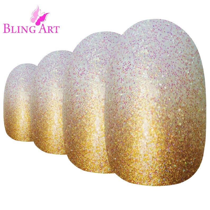 False Nails By Bling Art Gold Gel Ombre Oval Medium Fake Etsy