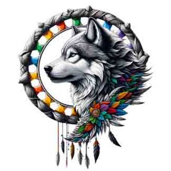 Dreamcatcher Wolf - Animal Digital Tribal Tattoo Art design in PNG, JPEG & SVG , Instant Download for Tattoos, T-Shirts, Wall art or Home
