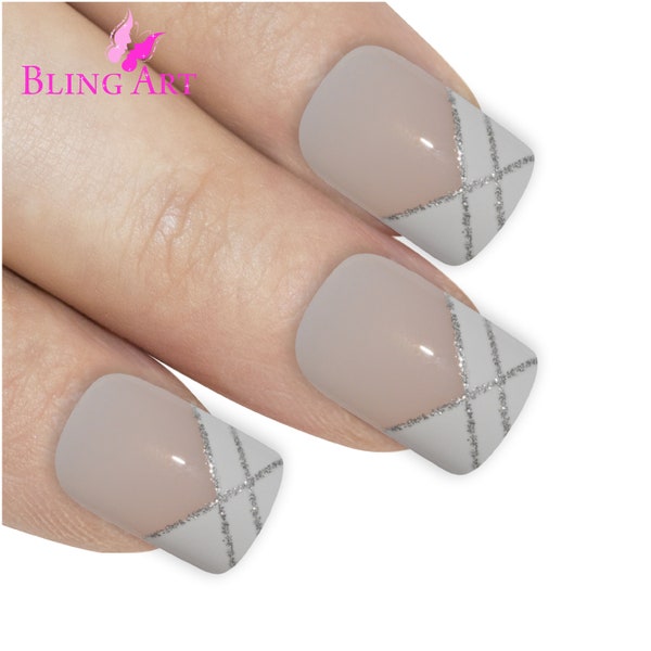 Bling Art False Nails French Manicure Silver Glitter Syndicate Fake 24 Full Cover Medium