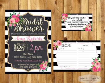 Black & White Striped Bridal Shower Invitation and Recipe Card-Stripes-Pink-Black and White-Kate Inspired-Wedding-Printable-Custom-You Print