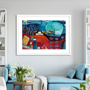Large Landscape Painting Print for Living Room, Red and Blue Art Print, Colourful wall decor, Giclee Print Wall Art, New Home Gift Friend image 1
