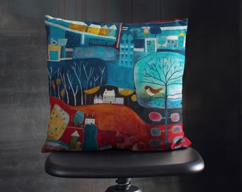 Unique Cushion Cover, Colourful Home Decor, Whimsical Fine Art Cushion Cover, Red Pillow Cover, Artsy Pillow Cover, Unique Living Room Decor