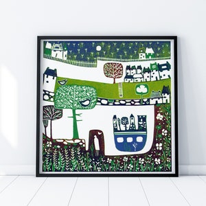 Colourful Linocut Print, Lino Print Art, Square Wall Art, Living room print, Giclee Fine Art Print, Above the bed art, New Home Gift idea