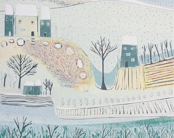 Blue Winter Landscape Linocut Print: Handmade Snow Scene Art
