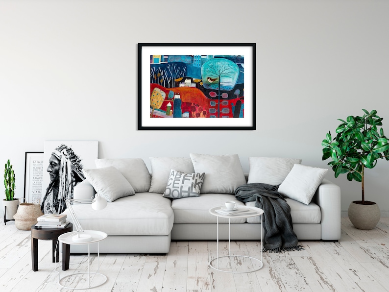 Large Landscape Painting Print for Living Room, Red and Blue Art Print, Colourful wall decor, Giclee Print Wall Art, New Home Gift Friend image 6