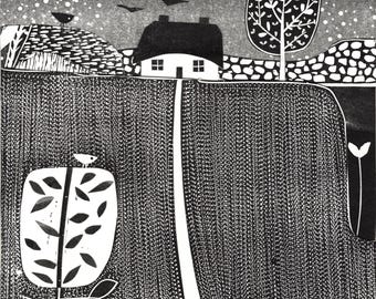 Black and white countryside print linocut collage art cottage and swallows wall decor gift
