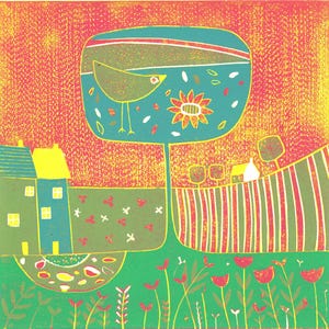 Original Reduction Linocut Print, Limited Edition Landscape Art, Small Colourful Nature Print, Handmade Wall Art, Unique Gift for Art Lovers