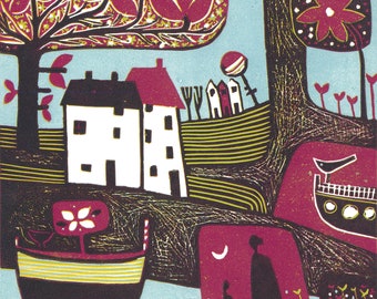 Lilac Fair Giclée Print | Pink Folk Landscape Linocut Art