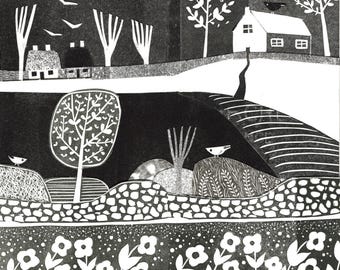 Black and White Wildflower Giclée Print: Minimalist Cottage Landscape Art
