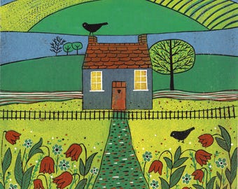 Cottage Linocut Print English Countryside Original Limited Edition Beyond the Garden