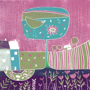 Colourful Reduction Linocut Print: Limited Edition Small Landscape Wall Art